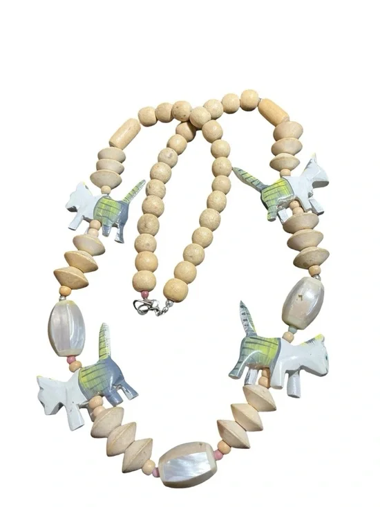Hand carved Cat Motif Necklace in Natural Wood and Pearl Accents - Picture 2 of 4